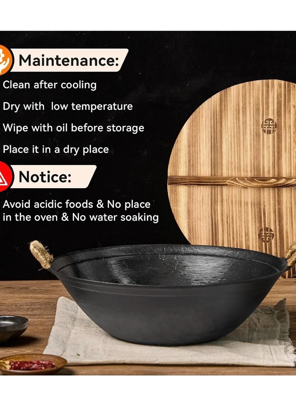 Black Carbon Steel Wok with Bamboo Lid and Cleaning Brush